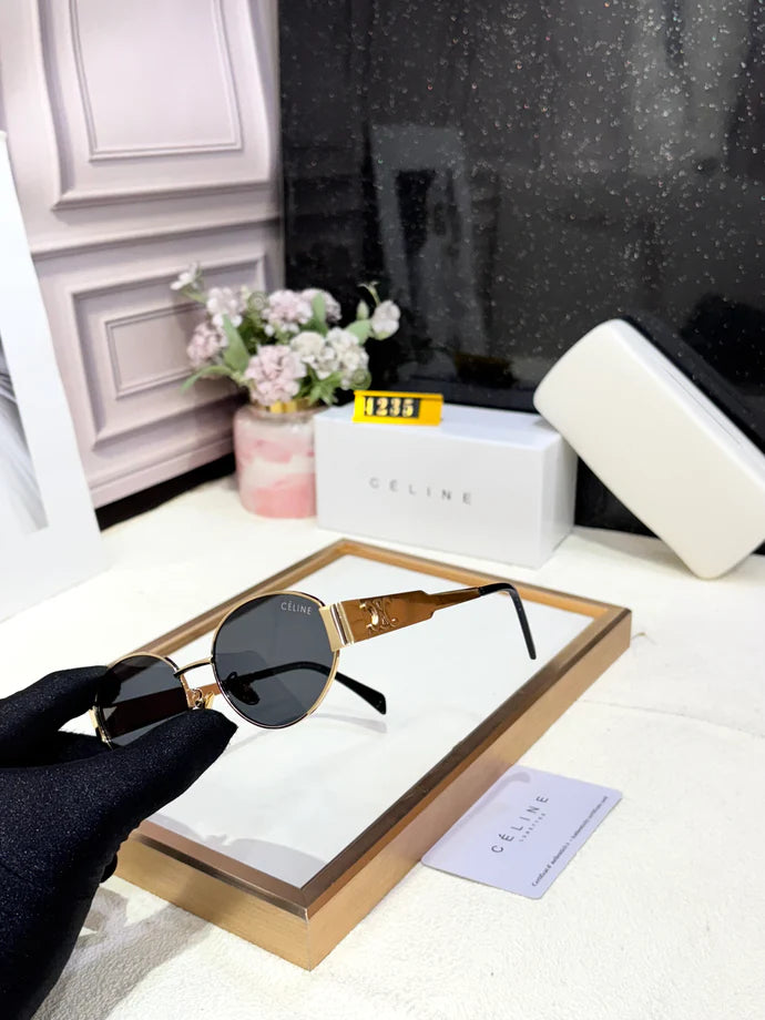 Premium Oval Metal Sunglasses in Gold with Green Lenses